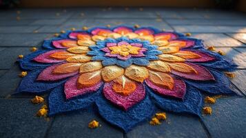 A colorful flower is made with colored sand photo