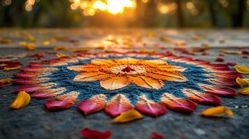 A colorful flower is placed on the ground in front of a tree photo