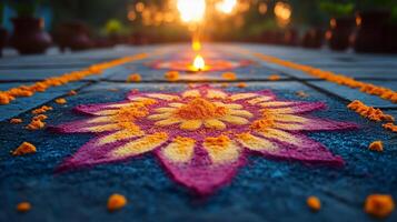 A colorful flower is lit on the ground photo