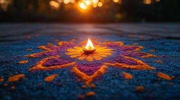 A colorful rangoli is lit on the ground photo