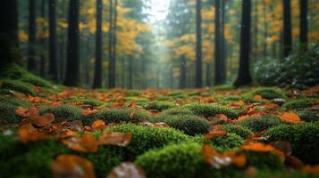 A forest with green grass and orange leaves photo
