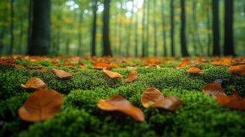 Autumn leaves on the ground in a forest photo