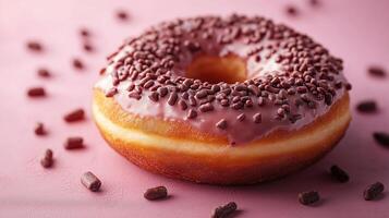 A donut with sprinkles on a pink background photo