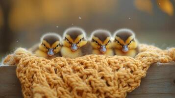 Four baby ducks sitting in a basket photo