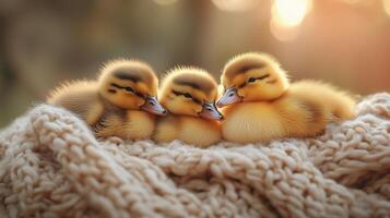 Three baby ducks are sitting on a blanket photo