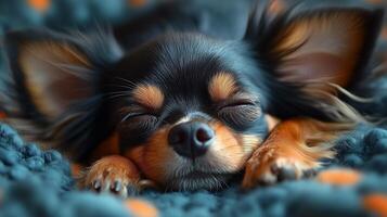 A small dog sleeping on a blanket photo