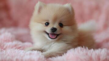 A small pomeranian dog is laying on a pink blanket photo