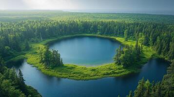 A circular lake surrounded by trees in the middle of a forest photo