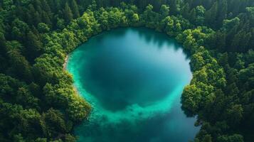 Beautiful lake in the forest with green trees and blue water photo