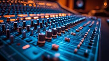 Audio mixing console in a professional recording studio photo