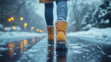 A person walking in the snow with yellow boots photo