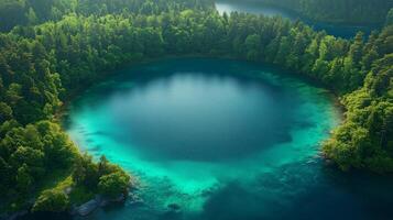 A beautiful lake surrounded by trees and green forest photo