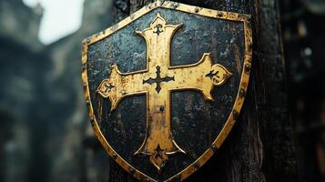 A shield with a cross on it is on a wooden post photo
