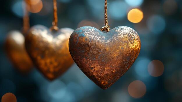 Three heart shaped objects hanging from strings photo