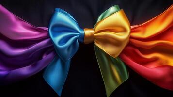 A rainbow colored bow tied to a black background photo