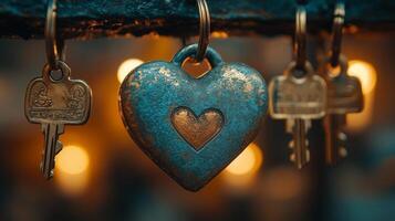 A heart shaped key hanging from a chain photo