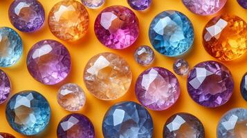 Colorful gemstones on yellow background photo