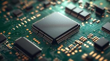 A modern CPU processor chip placed on a vibrant green background photo