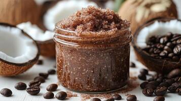 Body scrub of ground coffee, sugar and coconut oil photo