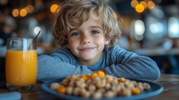 Boy eating cereal and orange juice having breakfast photo