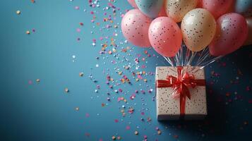 Colorful balloons and gift box on blue background photo