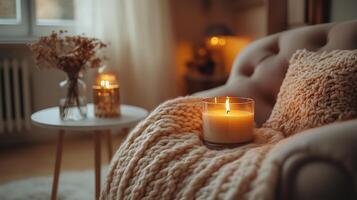 Candle and blanket on a chair in a living room photo