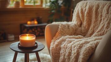 A candle sits on a small table next to a chair photo