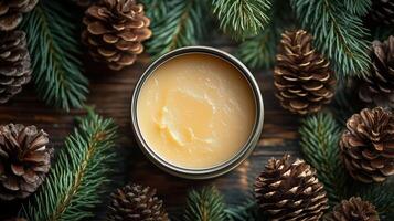 Natural beard balm in tin surrounded by pine cones and greenery photo
