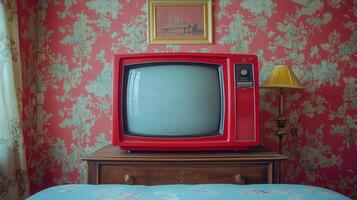 Old TV on the nightstand against the background photo
