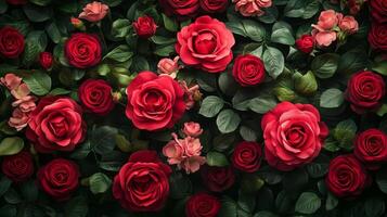 Red roses are in a large group of flowers photo
