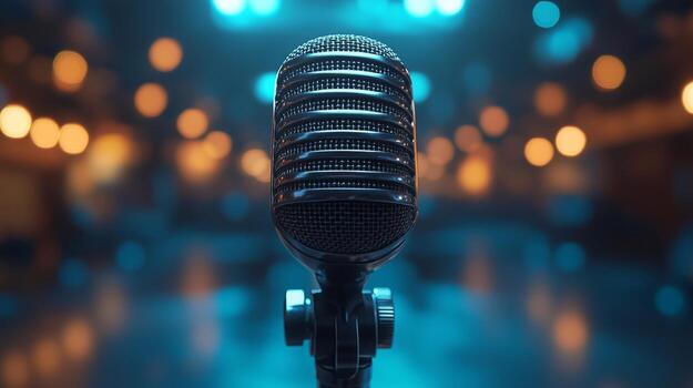Microphone on stage with lights and bokeh photo