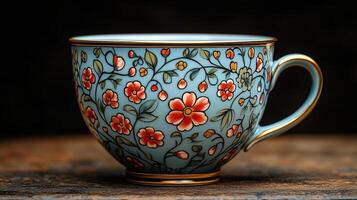 A blue cup with flowers on it photo