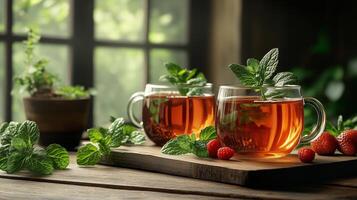 Two cups of tea with mint leaves and strawberries photo