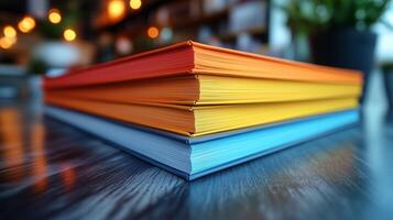 Stack of colorful books on a table photo