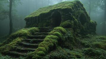 A house made of moss in the middle of the forest photo