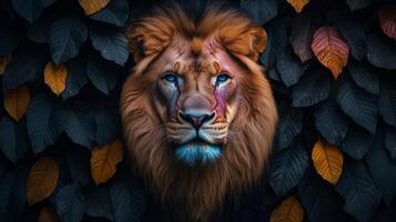 Surreal portrait of majestic lion with neon pink photo