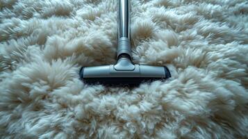 A vacuum cleaner sitting on a fluffy rug photo