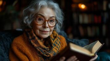 An older woman wearing glasses and reading a book photo