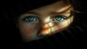 A young child with freckles looking through a blanket photo