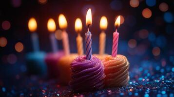 Birthday candles with colorful frosting on a table photo