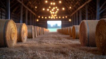 Bales of hay in a barn with lights photo