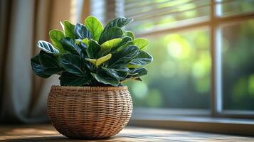 Lyrata ficus in a large plan windowsill. Item Scandinavian space photo