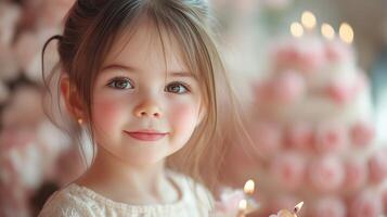A little girl holding a cake with candles photo