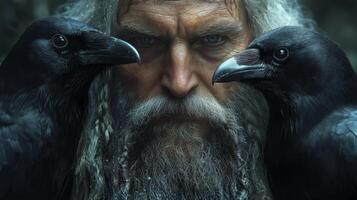Norse god Odin with his two ravens Huginn and Muninn photo
