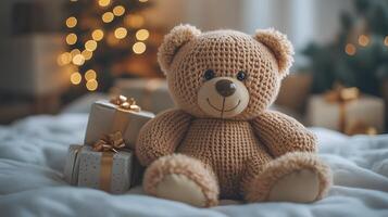 Teddy bear with a balloon sitting on a Christmas themed blanket photo