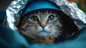 A cat wearing a blue hard hat wrapped in tin foil photo