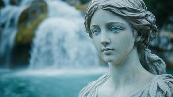 A statue of a woman with blue eyes in front of a waterfall photo