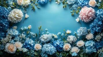 Blue and white flowers on a blue background photo