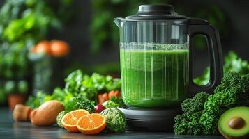 Freshly blended green juice pouring from a high-speed blender photo