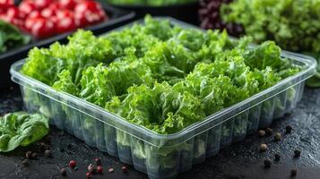Fresh lettuce in plastic containers on a black background photo